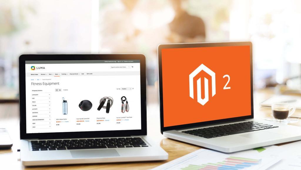 Two looptops, one featuring eCommerce website and the other technology it was built with - Magento.