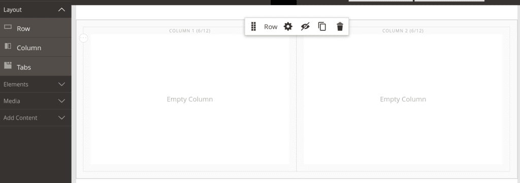 A print screen of a CMS showing the layout options: row, column, and tabs, as well as elements, media, and add content button.