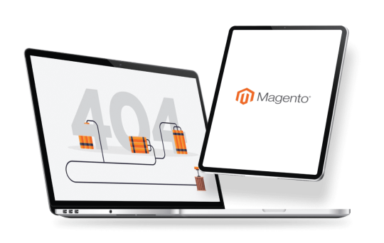 Bog 404 sign next to a dynamite on a laptop screen and Magento logo on a notepad screen.