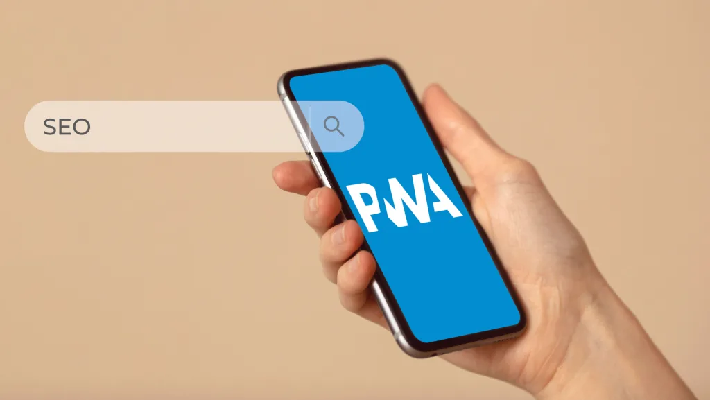 A girl holding her mobile phone that has a wallpaper of a PWA logo and googling the term SEO.