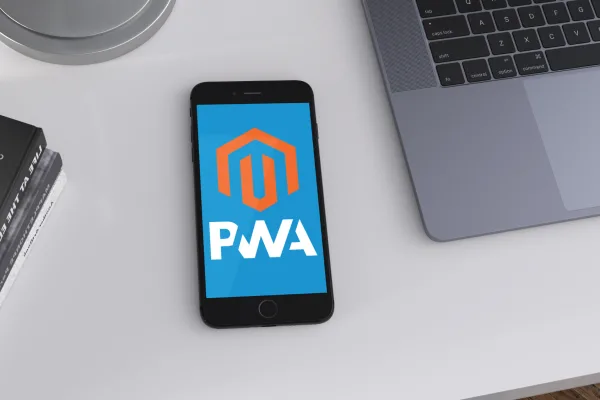 PWA logo displayed on a screen of a mobile phone.
